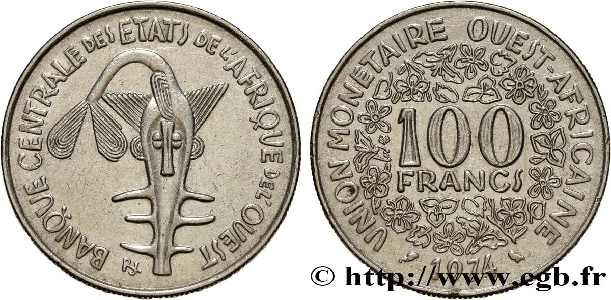 ÉTATS DE L AFRIQUE DE L OUEST (BCEAO) 100 Francs BCEAO masque 1974 Paris TTB+ 