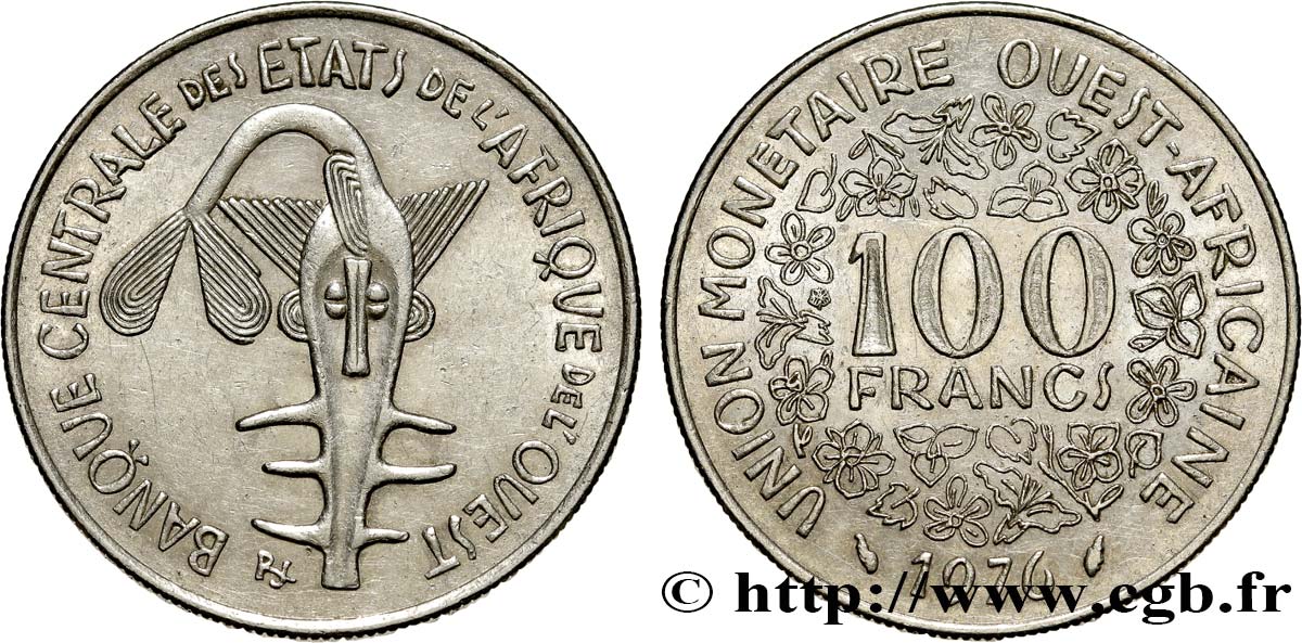 ÉTATS DE L AFRIQUE DE L OUEST (BCEAO) 100 Francs BCEAO masque 1976 Paris TTB+ 