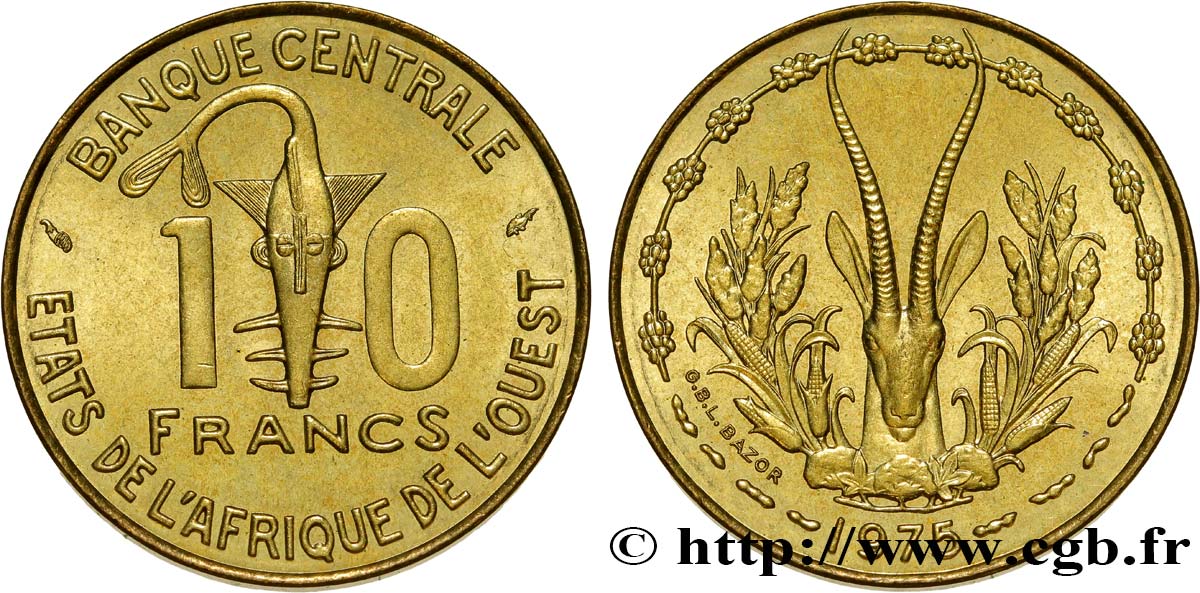 ÉTATS DE L AFRIQUE DE L OUEST (BCEAO) 10 Francs BCEAO masque / antilope 1975 Paris SPL 