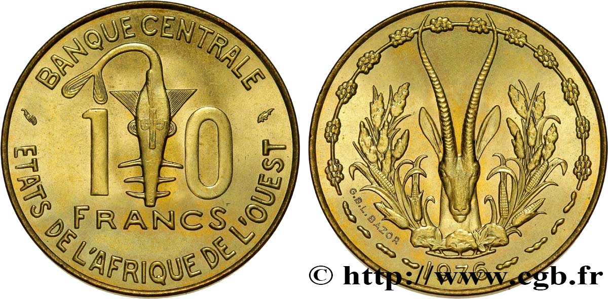 WESTAFRIKANISCHE LÄNDER 10 Francs BCEAO masque / antilope 1976 Paris fST 