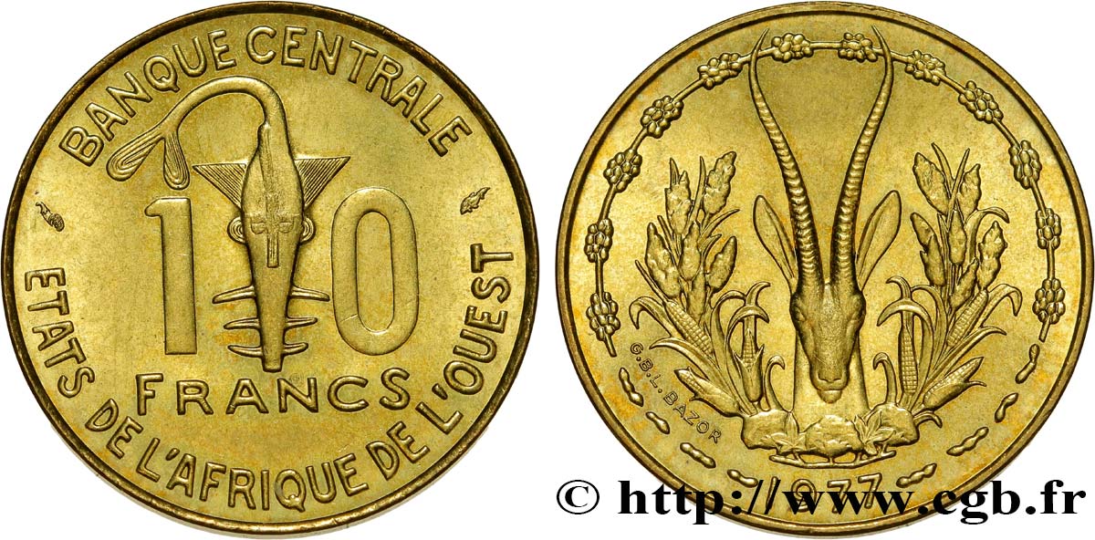 ÉTATS DE L AFRIQUE DE L OUEST (BCEAO) 10 Francs BCEAO masque / antilope 1977 Paris SPL 