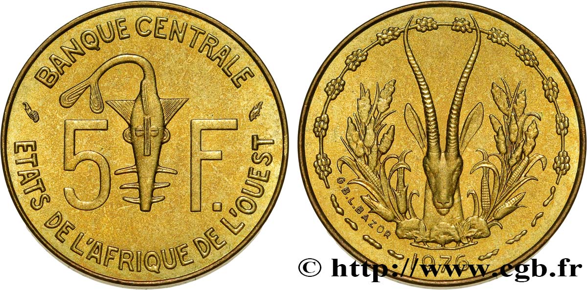 ÉTATS DE L AFRIQUE DE L OUEST (BCEAO) 5 Francs BCEAO masque / antilope 1976 Paris SPL 