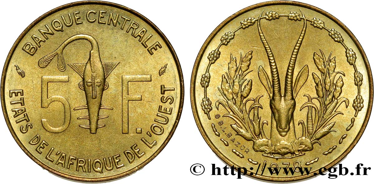 ÉTATS DE L AFRIQUE DE L OUEST (BCEAO) 5 Francs BCEAO masque / antilope 1978 Paris SPL 