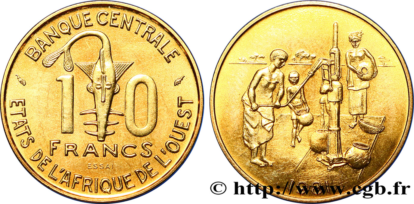 STATI DI L  AFRICA DE L  OVEST Essai 10 Francs masque / villageois au puit 1981  MS 