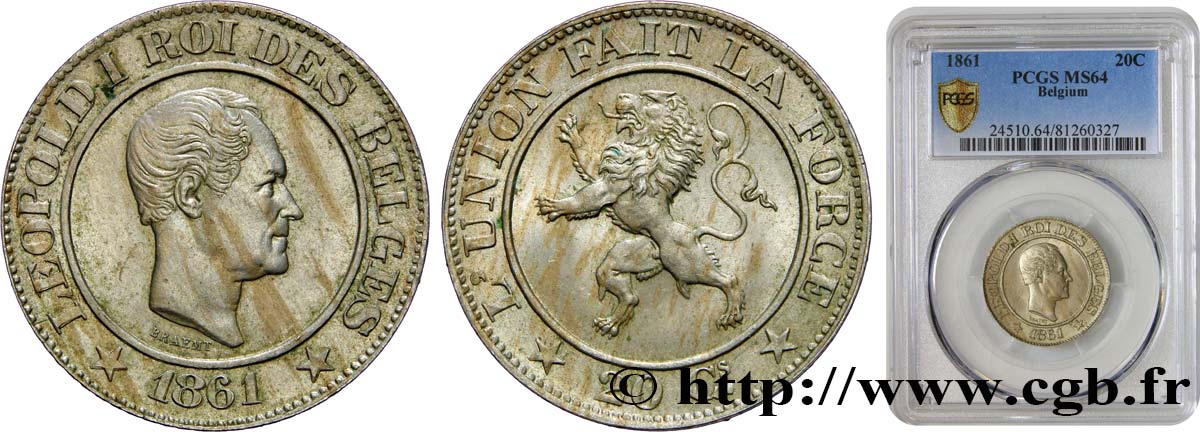 BELGIUM 20 Centimes Léopold Ier 1861  MS64 PCGS