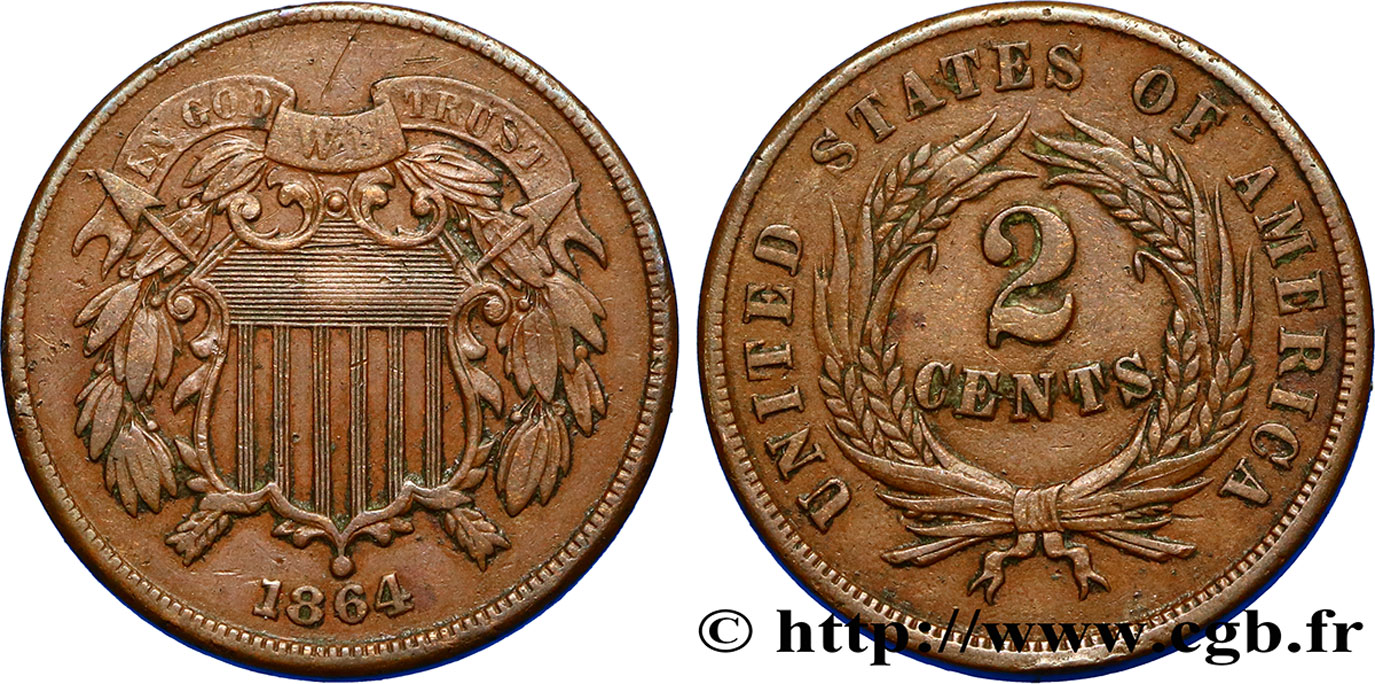 ESTADOS UNIDOS DE AMÉRICA 2 Cents 1864 Philadelphie BC+ 