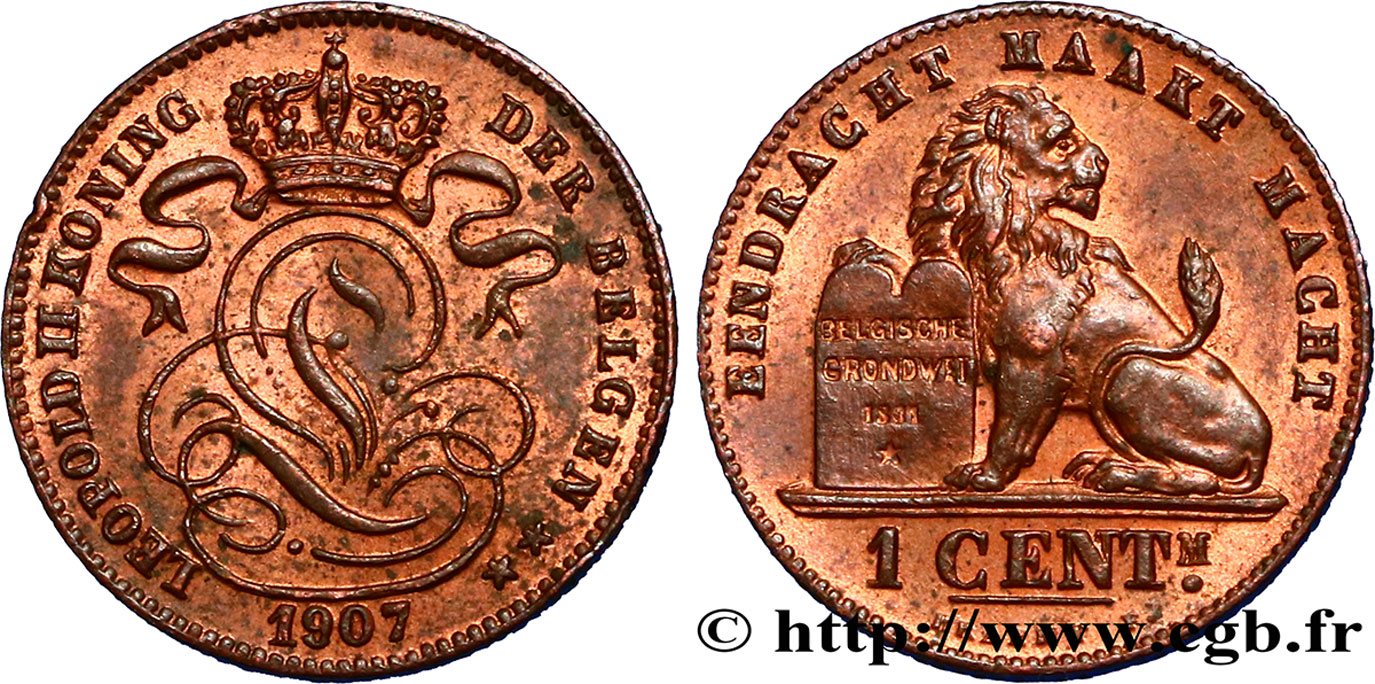 BELGIEN 1 Centime lion monogramme de Léopold II légende en flamand 1907  VZ 