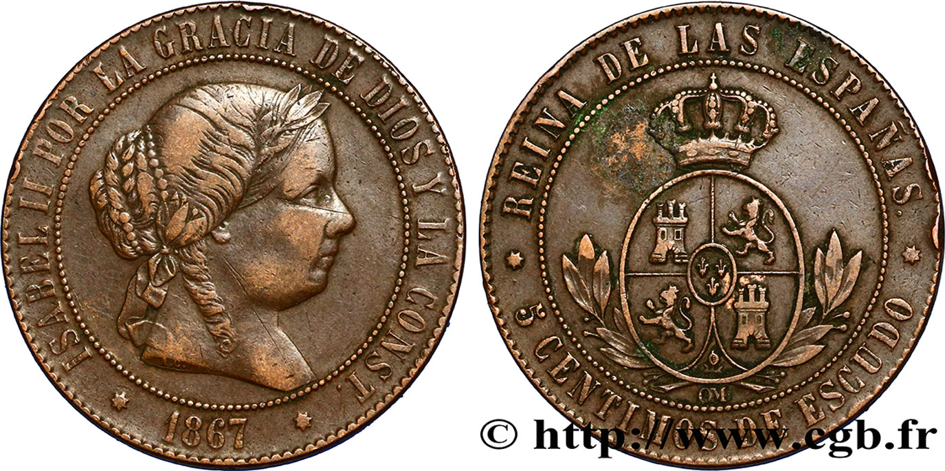 SPANIEN 5 Centimos de Escudo Isabelle II / écu couronné 1867 Oeschger Mesdach & CO S 