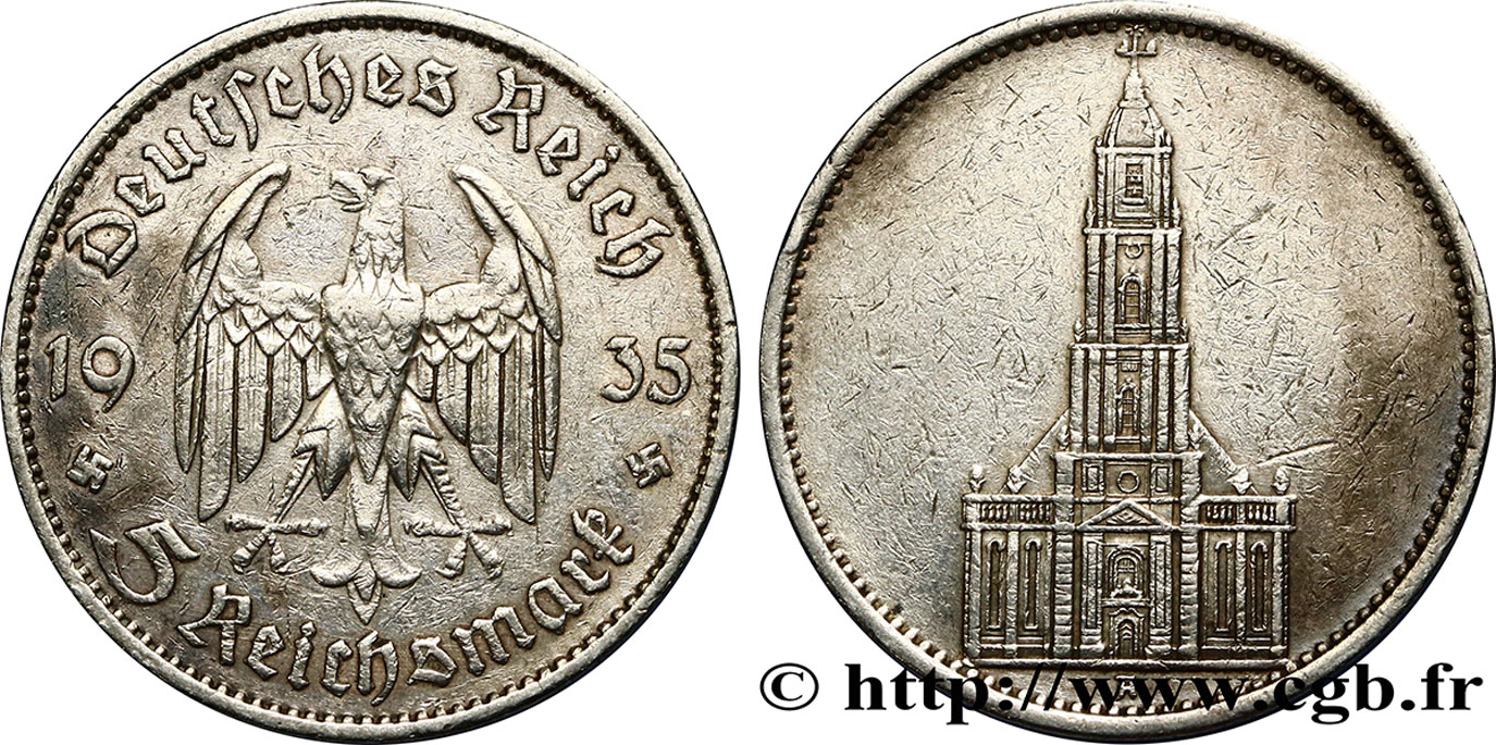 GERMANIA 5 Reichsmark église de la garnison de Potsdam 1935 Berlin BB 