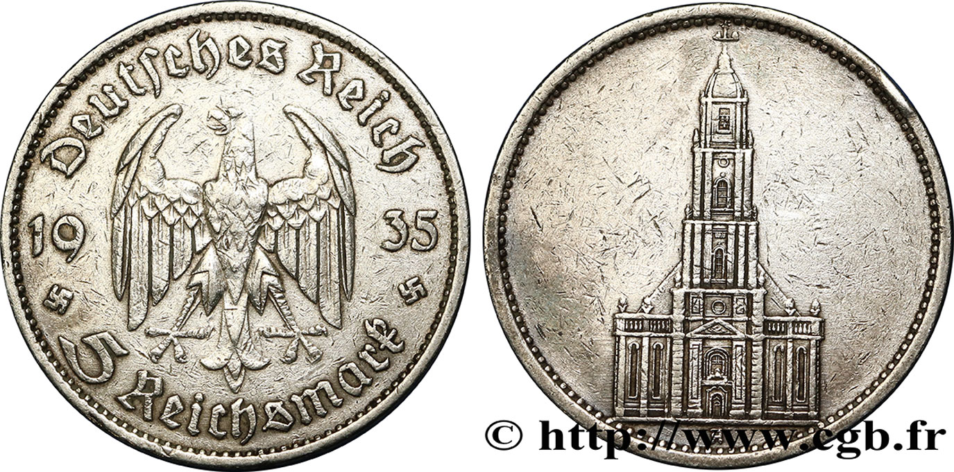 GERMANY 5 Reichsmark église de la garnison de Potsdam 1935 Berlin XF 