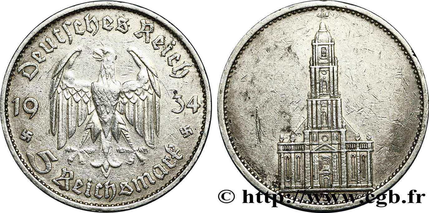 DEUTSCHLAND 5 Reichsmark église de la garnison de Potsdam 1934 Munich SS 
