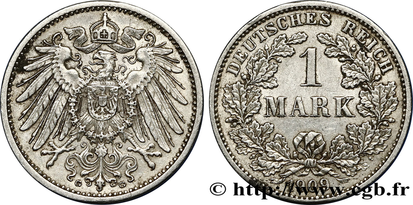 ALEMANIA 1 Mark Empire aigle impérial 2e type 1909 Hambourg - J MBC 