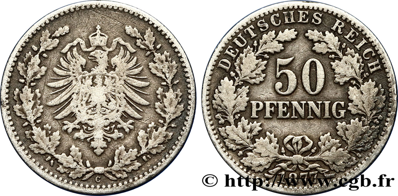 ALEMANIA 50 Pfennig Empire aigle impérial 1877 Francfort - C MBC 