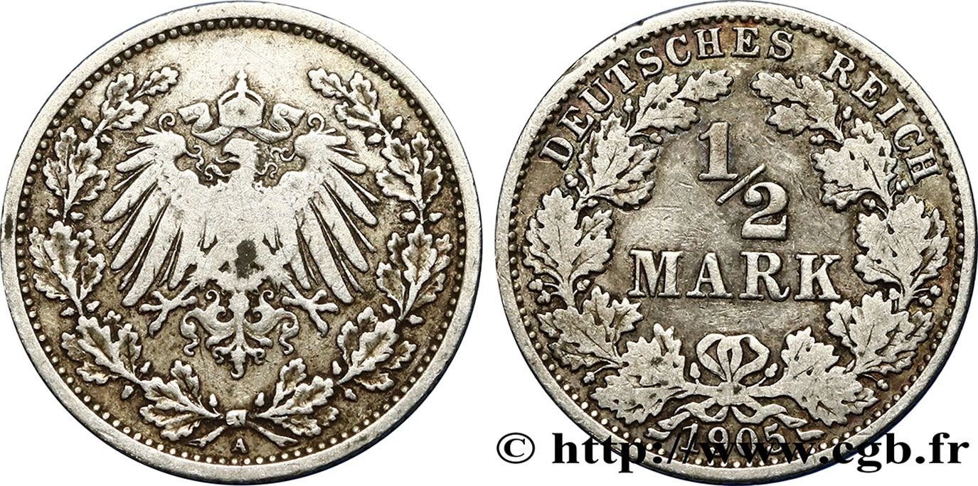ALEMANIA 1/2 Mark Empire aigle impérial 1905 Berlin BC+ 