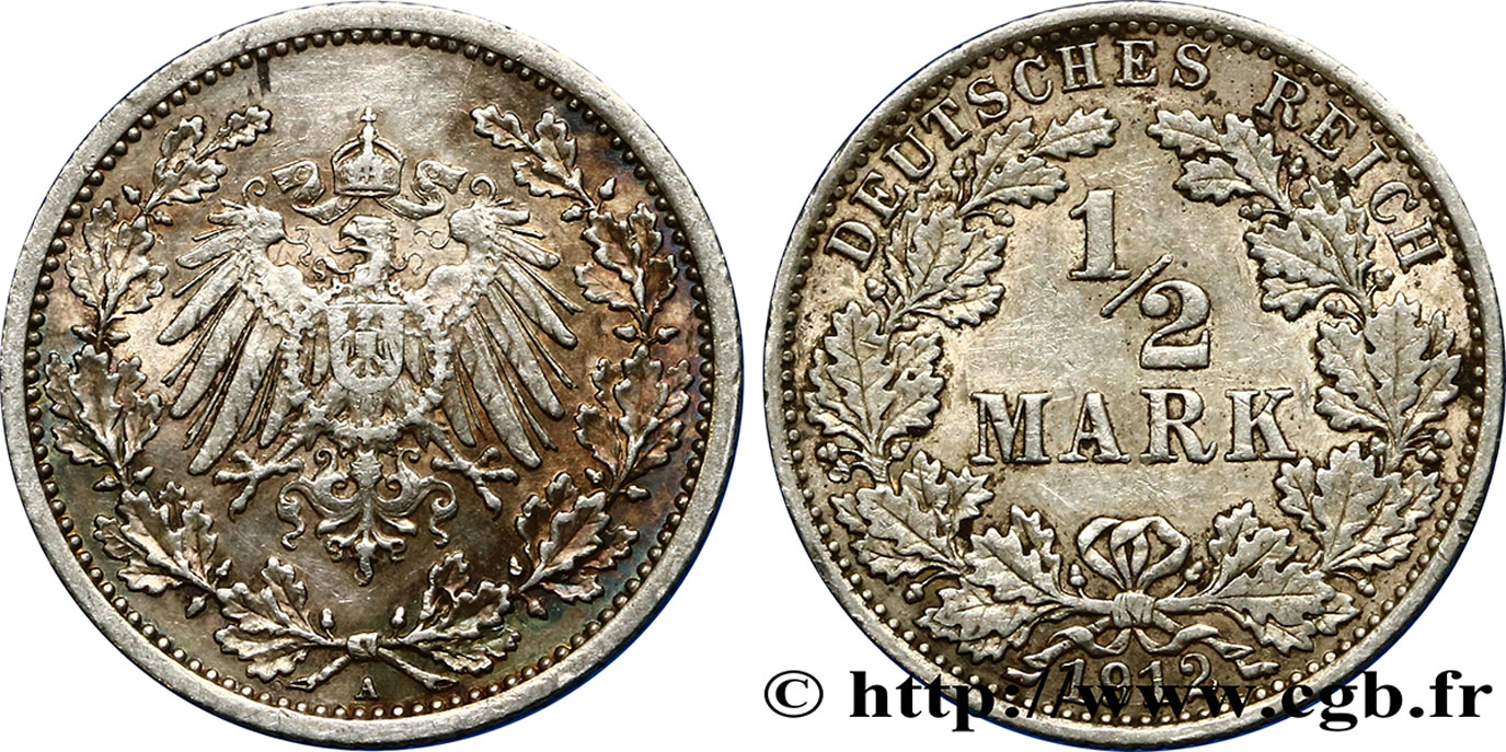GERMANIA 1/2 Mark Empire aigle impérial 1912 Berlin BB 