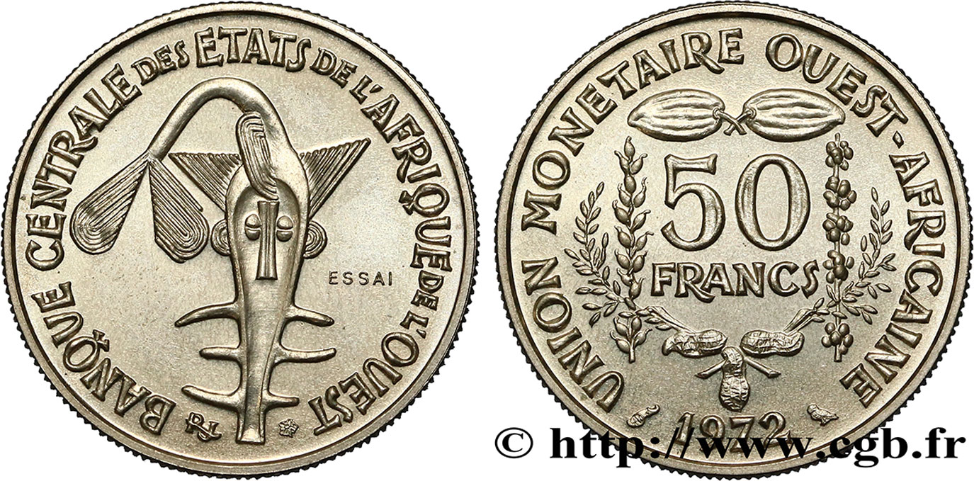 WEST AFRICAN STATES (BCEAO) Essai 50 Francs masque 1972 Paris MS 