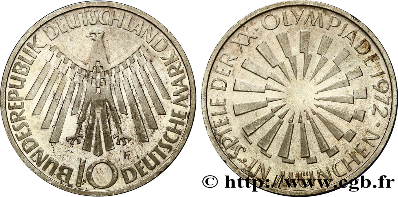 DEUTSCHLAND 10 Mark XXe J.O. Munich / aigle type “IN MÜNCHEN” 1972 Stuttgart VZ 