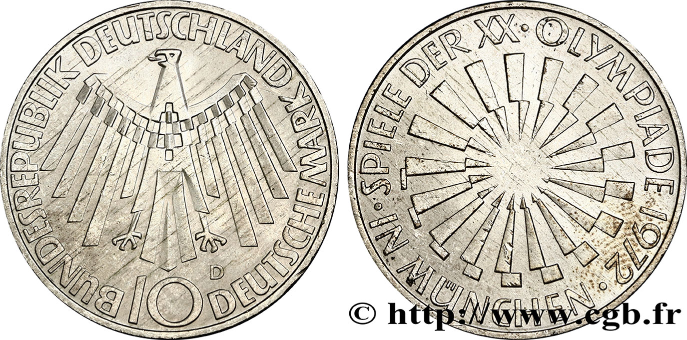 GERMANY 10 Mark XXe J.O. Munich / aigle type “IN DEUTSCHLAND” 1972 Munich AU 