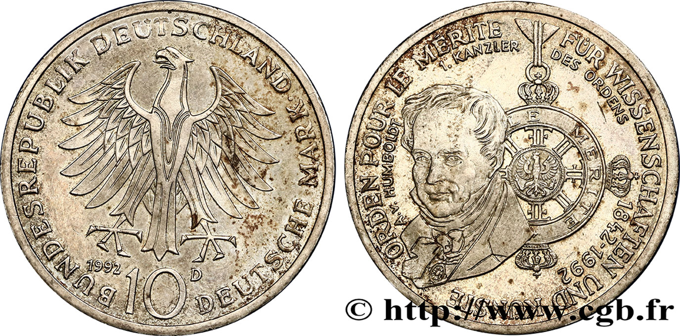 GERMANY 10 Mark aigle héraldique / A.V. Humbolt, 1er chancelier de l’Ordre pour le mérite 1992 Munich  AU 