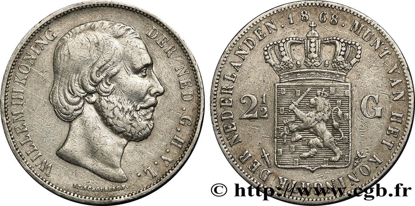 PAYS-BAS 2 1/2 Gulden Guillaume III 1868 Utrecht TTB 