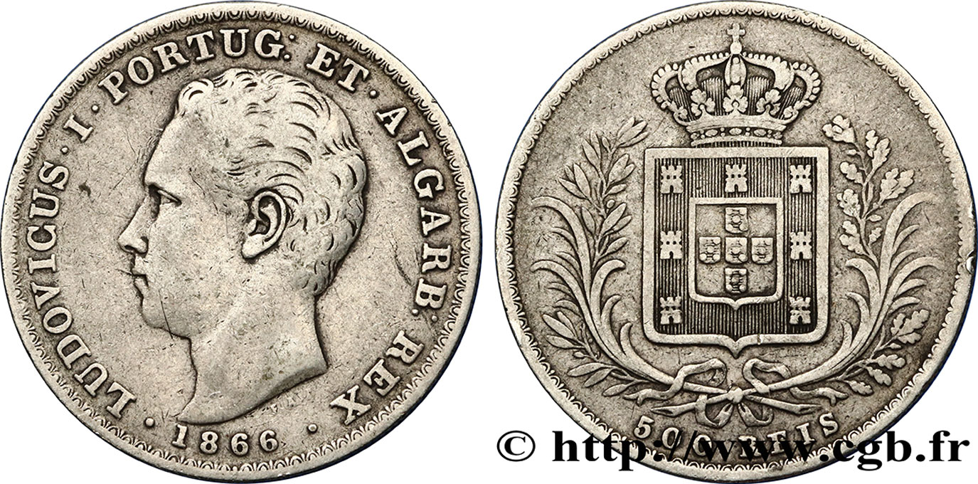PORTUGAL 500 Reis Louis Ier 1866  BC+ 