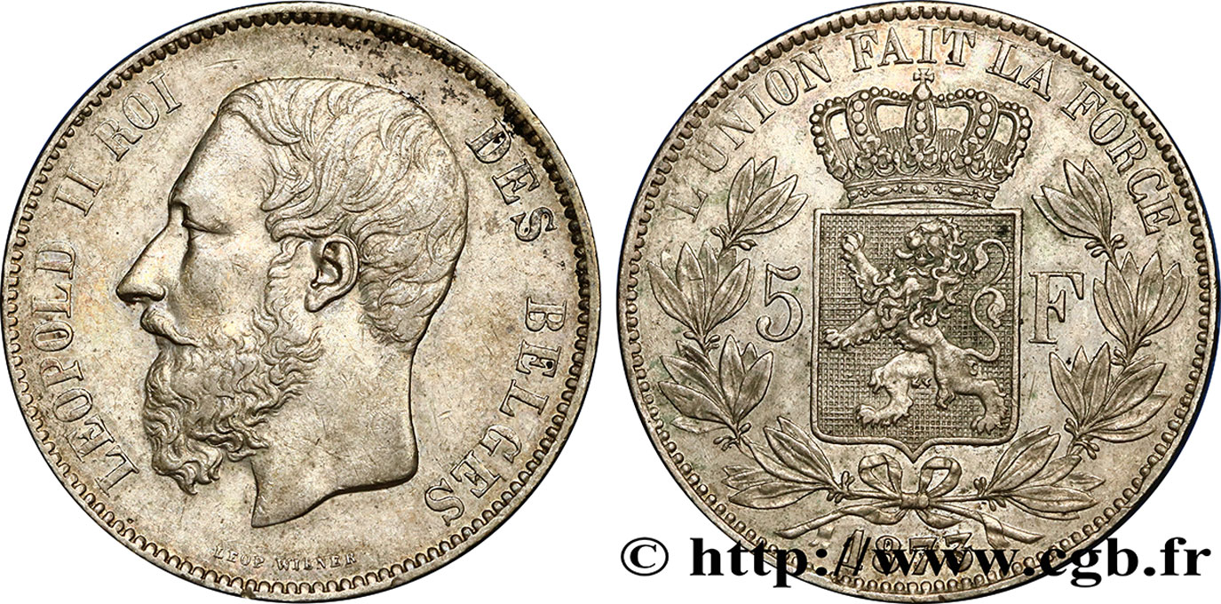 BELGIUM 5 Francs Léopold II 1873  AU/AU 
