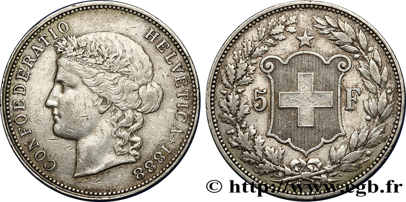 SUISSE 5 Francs Helvetia buste 1888 Berne TTB 