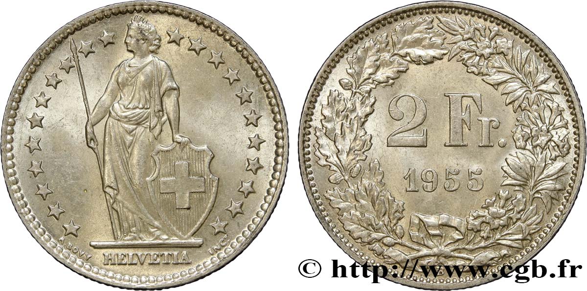 SCHWEIZ 2 Francs Helvetia 1955 Berne fST 