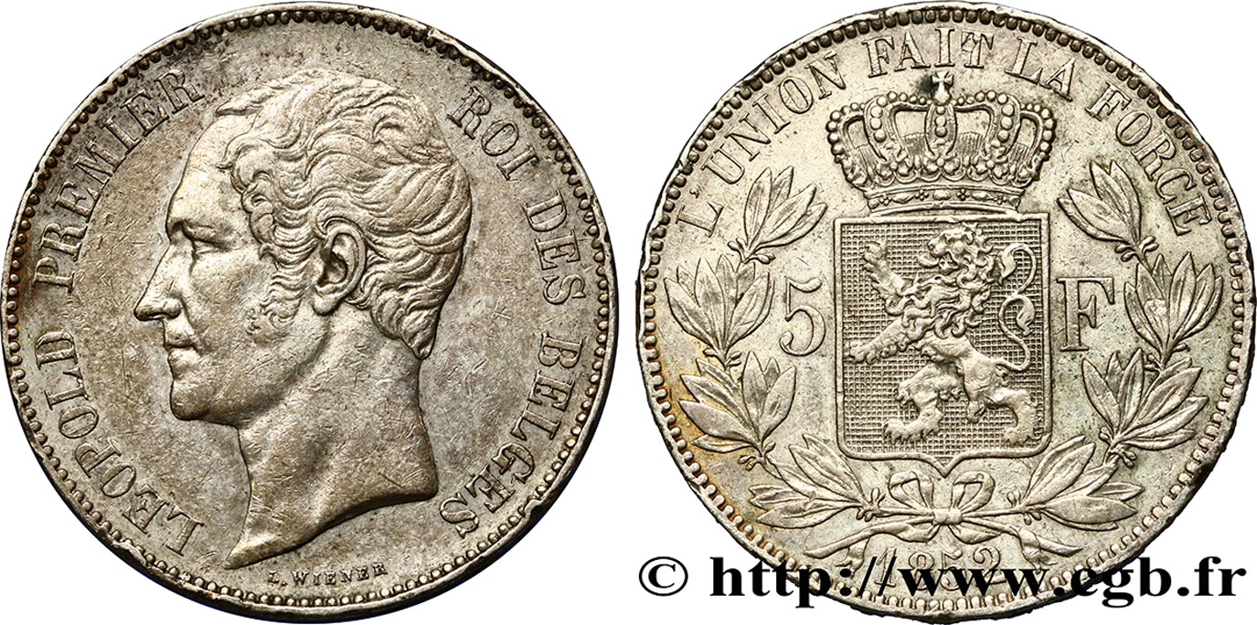 BELGIEN 5 Francs Léopold Ier 1852 Bruxelles SS 