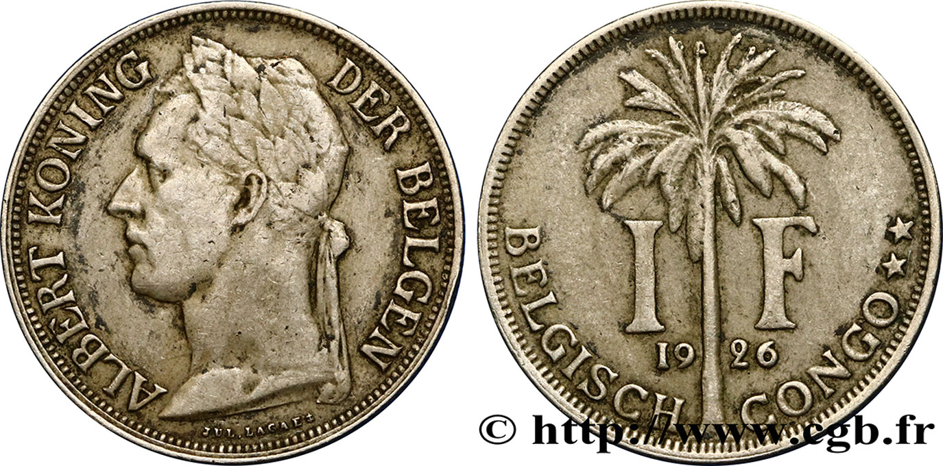 BELGIAN CONGO 1 Franc roi Albert légende flamande 1926  XF 
