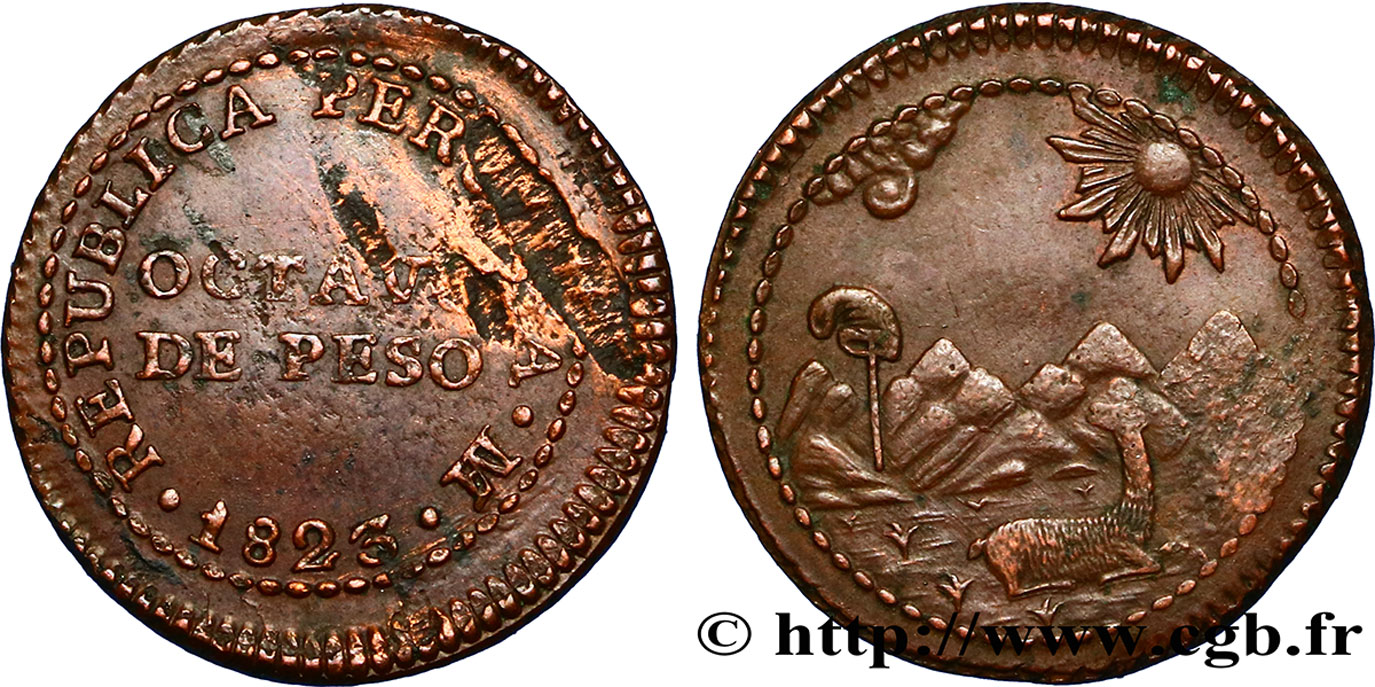 PERU 1/8 Peso monnayage provisoire républicain 1823 Lima SPL 