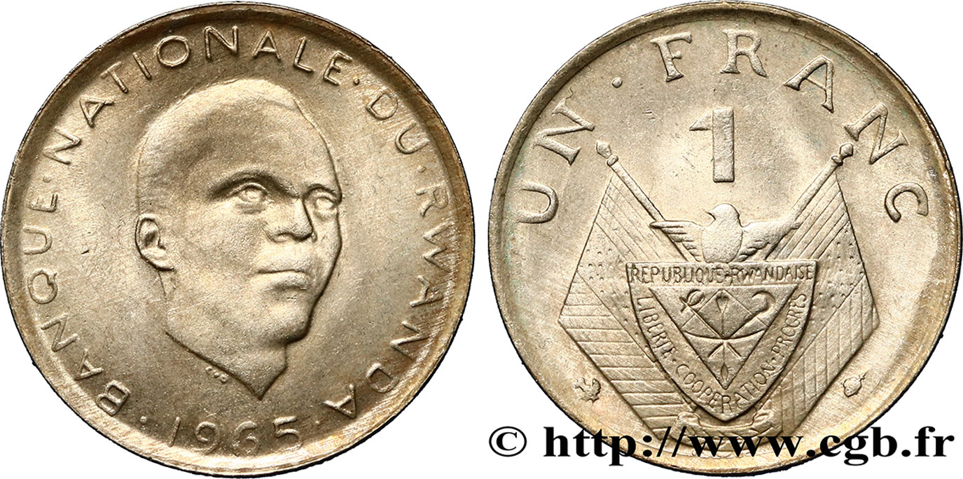 RWANDA 1 Franc président Grégoire Kayibanda / emblème 1965 Bruxelles SUP 