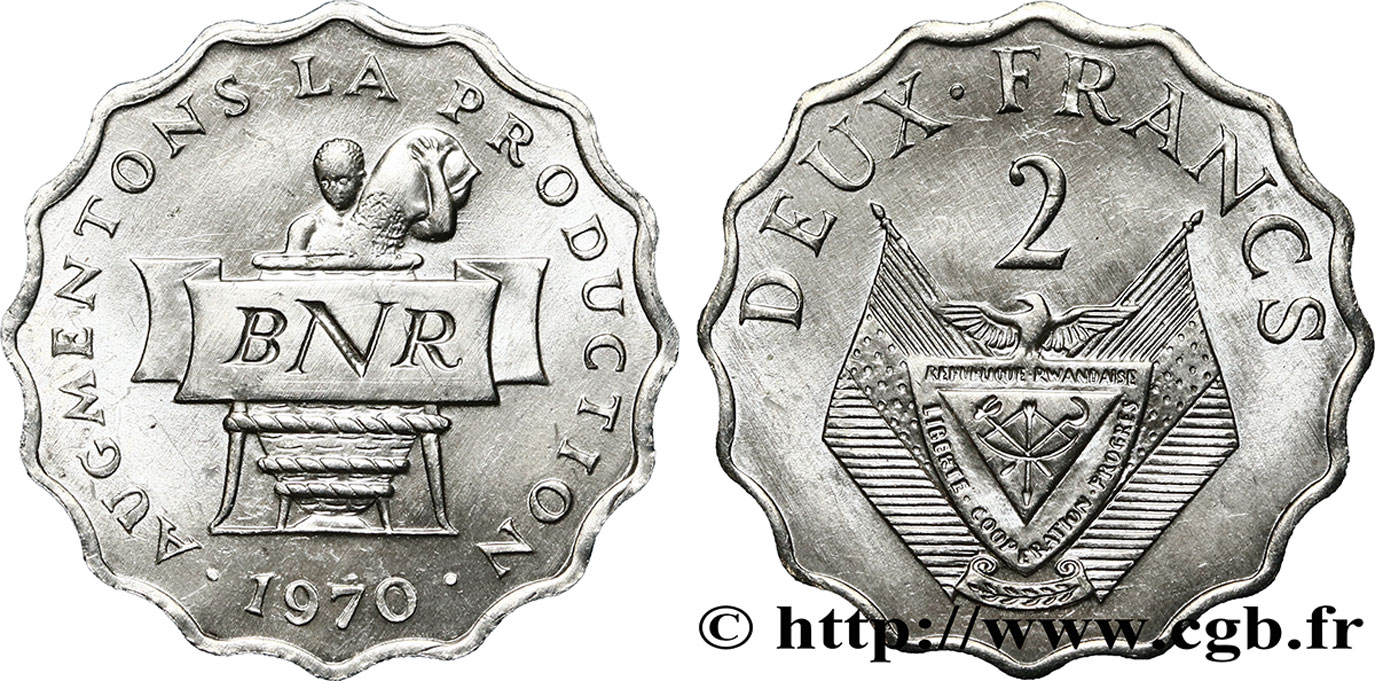 RUANDA 2 Francs emblème 1970 Paris MS 