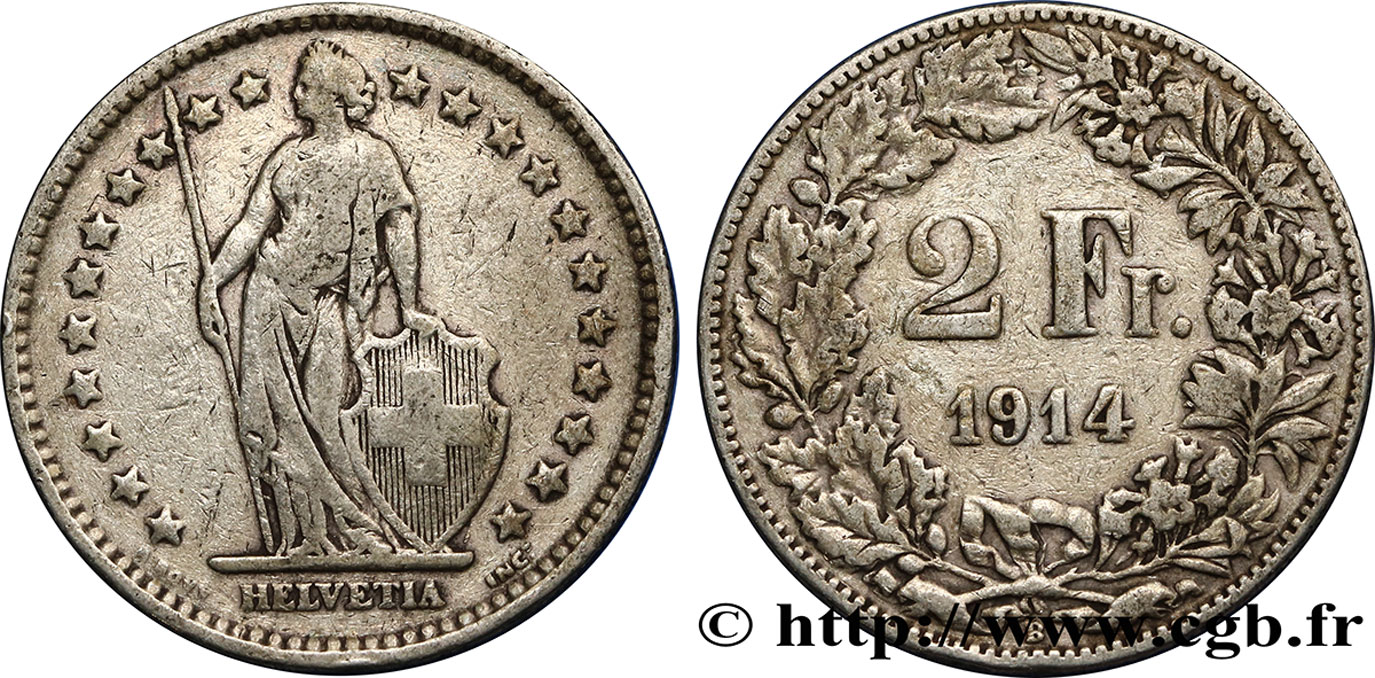 SUIZA 2 Francs Helvetia 1914 Berne - B BC+ 
