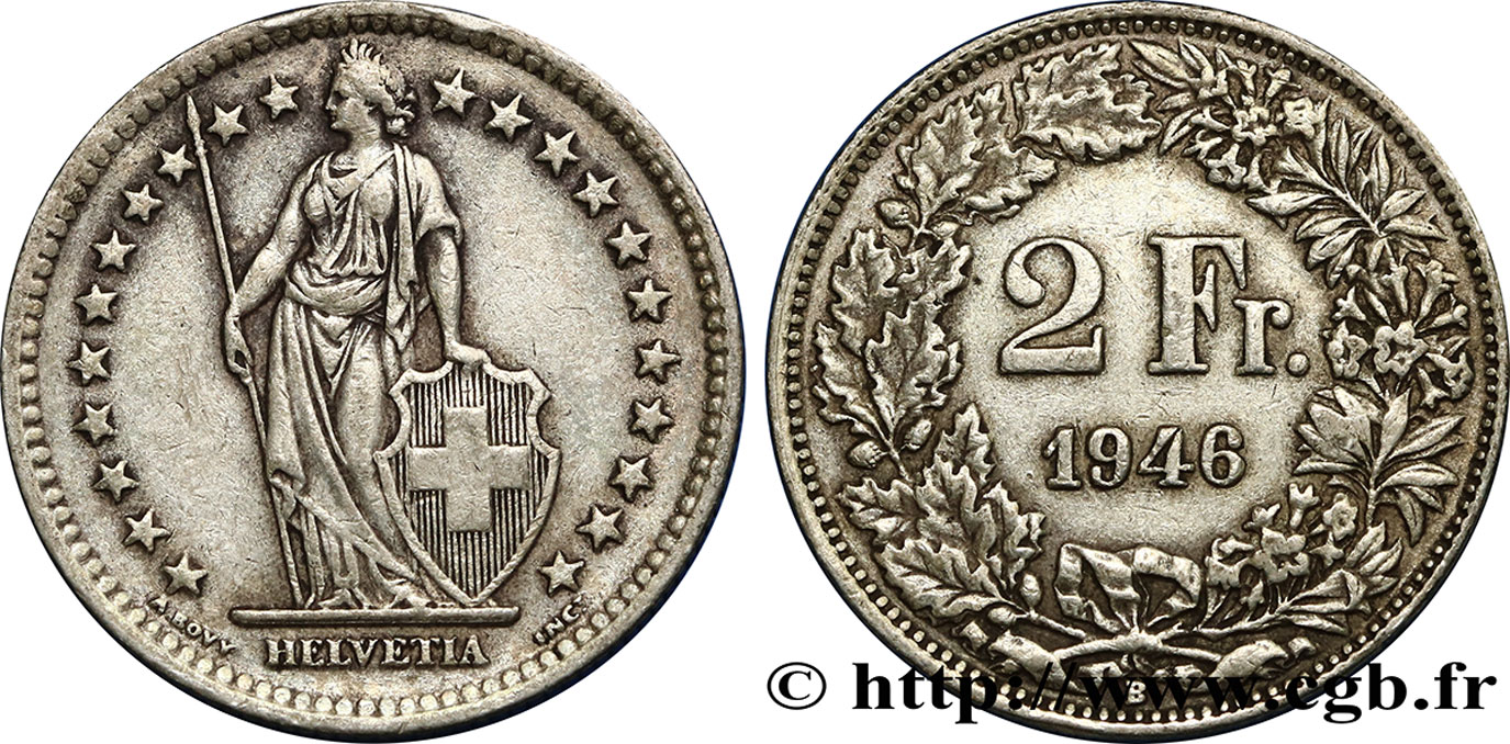 SWITZERLAND 2 Francs Helvetia 1946 Berne XF 