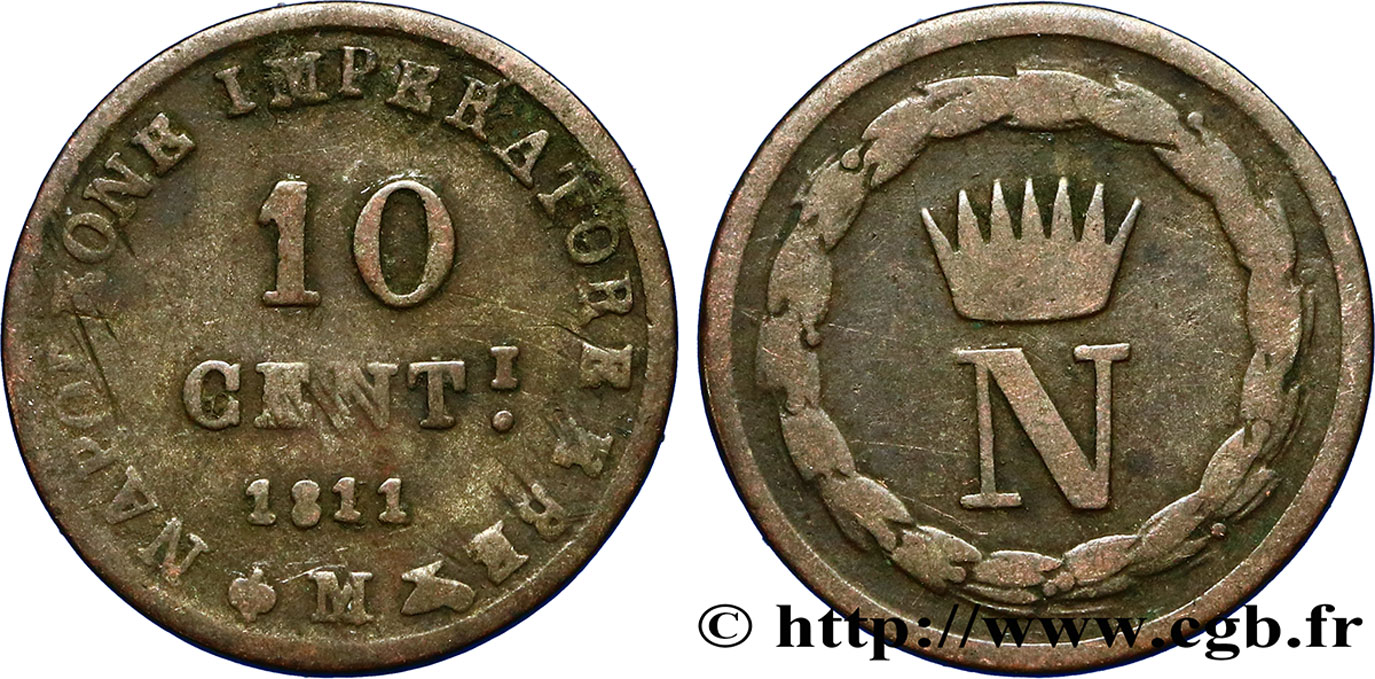 ITALY - KINGDOM OF ITALY - NAPOLEON I 10 centesimi 1811 Milan F 