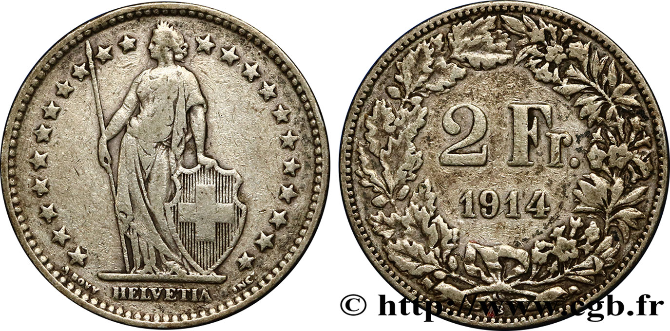 SWITZERLAND 2 Francs Helvetia 1914 Berne VF 