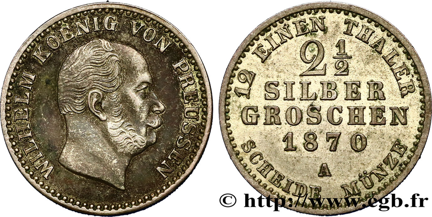 GERMANY - PRUSSIA 2 1/2 Silbergroschen (1/12 Thaler) Guillaume 1870 Berlin XF 