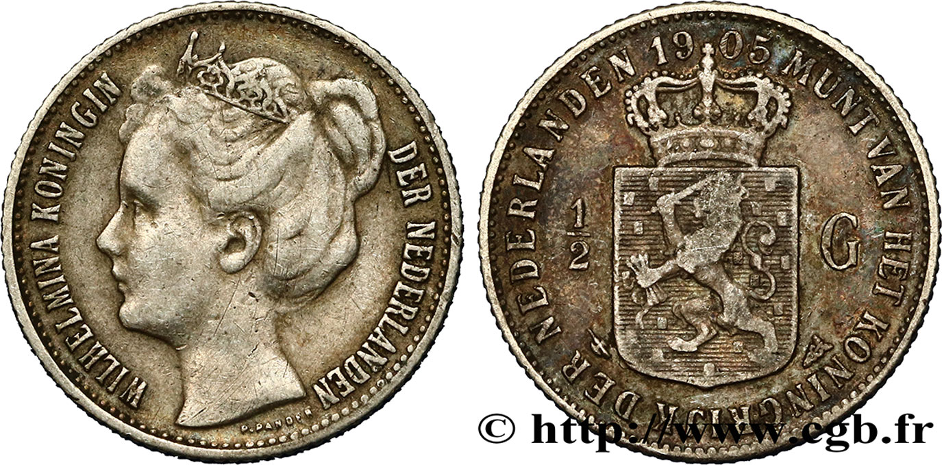 NETHERLANDS 1/2 Gulden Wilhelmina 1905 Utrecht XF 