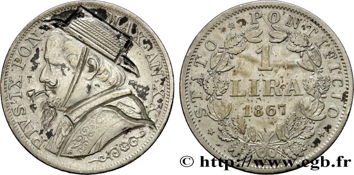 ITALIA - STATO PONTIFICIO - PIE IX (Giovanni Maria Mastai Ferretti) Monnaie satirique, module de 1 Lire, regravée 1867 Rome BB 