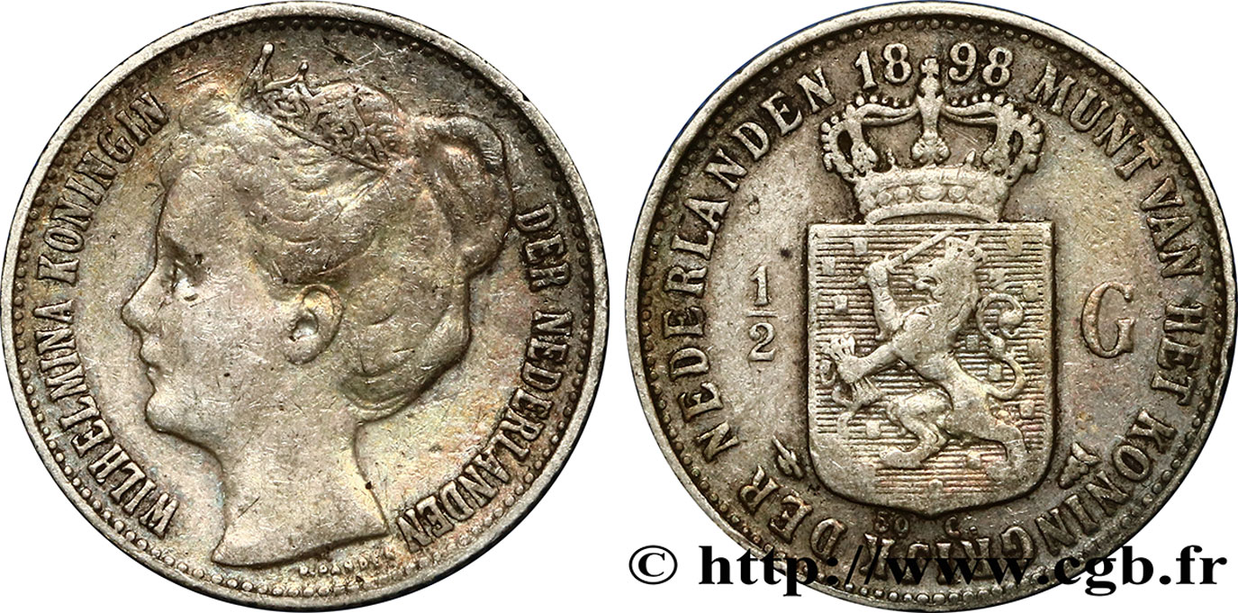 NETHERLANDS 1/2 Gulden Wilhelmina 1898 Utrecht XF 