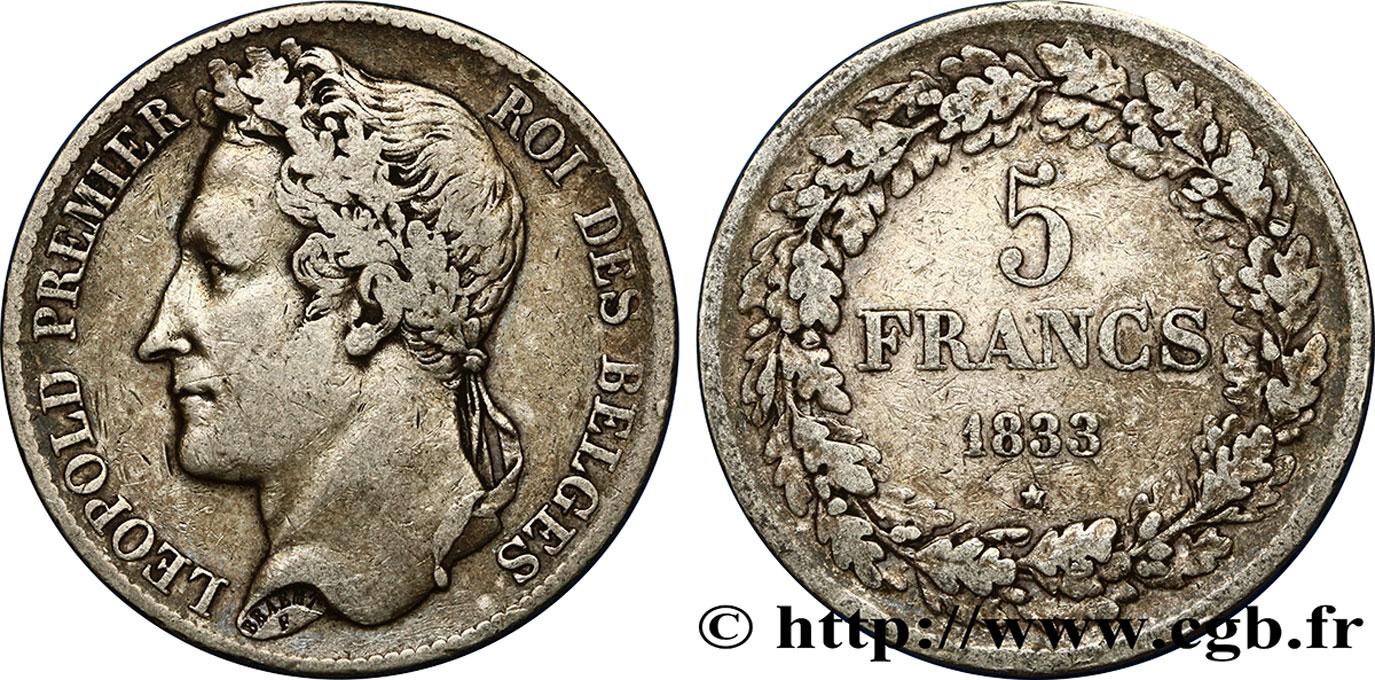 BÉLGICA 5 Francs Léopold Ier 1833  BC+ 