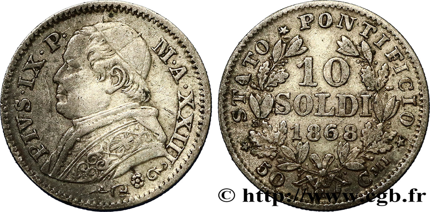 VATICAN AND PAPAL STATES 10 Soldi (50 Centesimi) Pie IX an XXIII 1868 Rome VF 