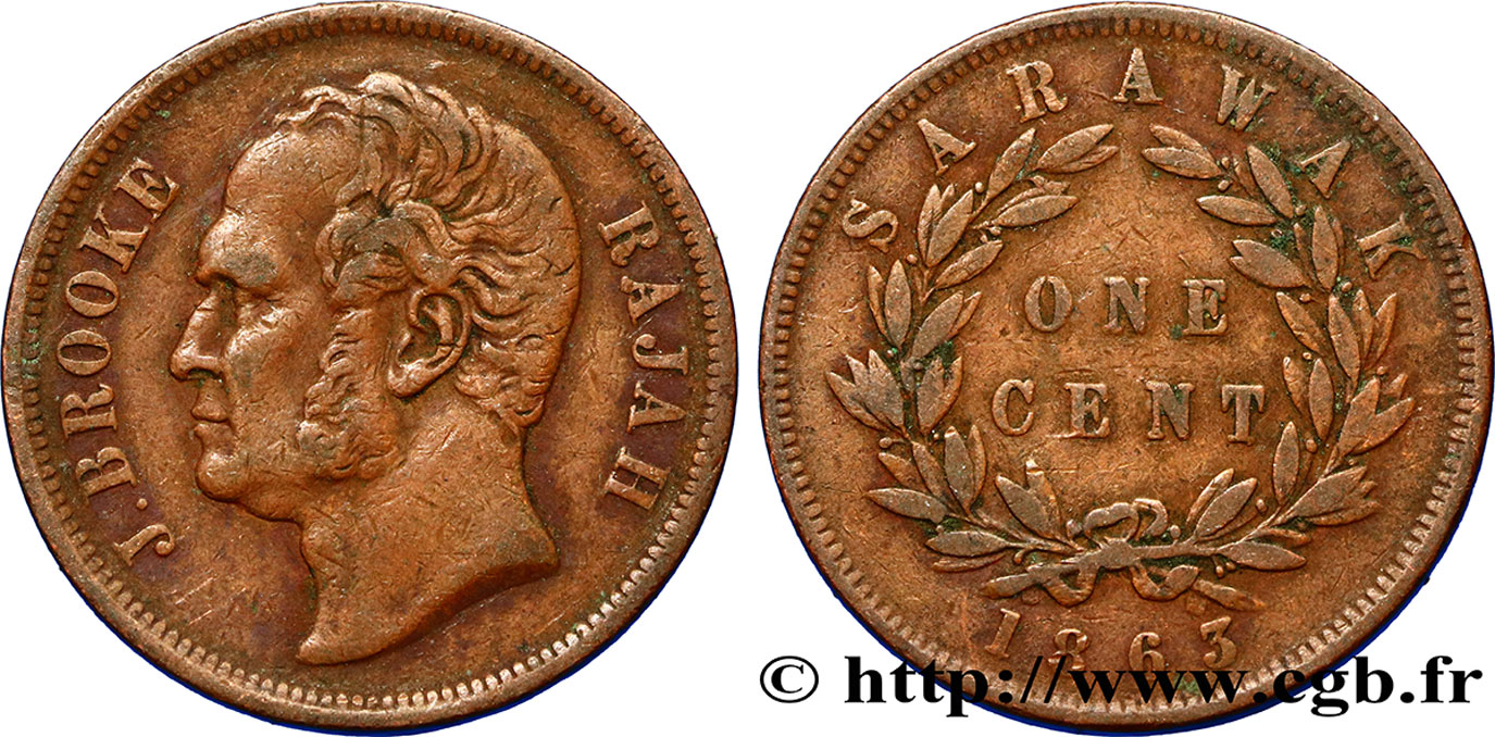 SARAWAK 1 Cent Sarawak Rajah James Brooke 1863 Birmingham BC+ 