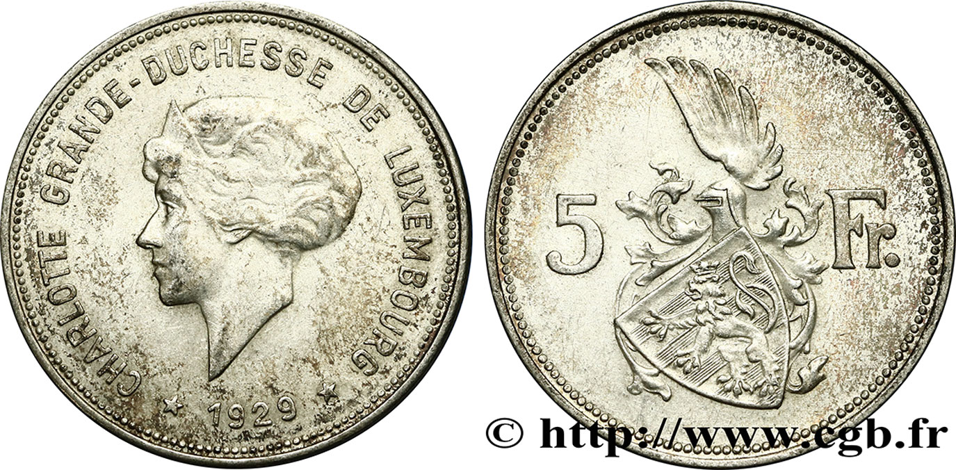 LUXEMBURG 5 Francs Grande-Duchesse Charlotte 1929  VZ 