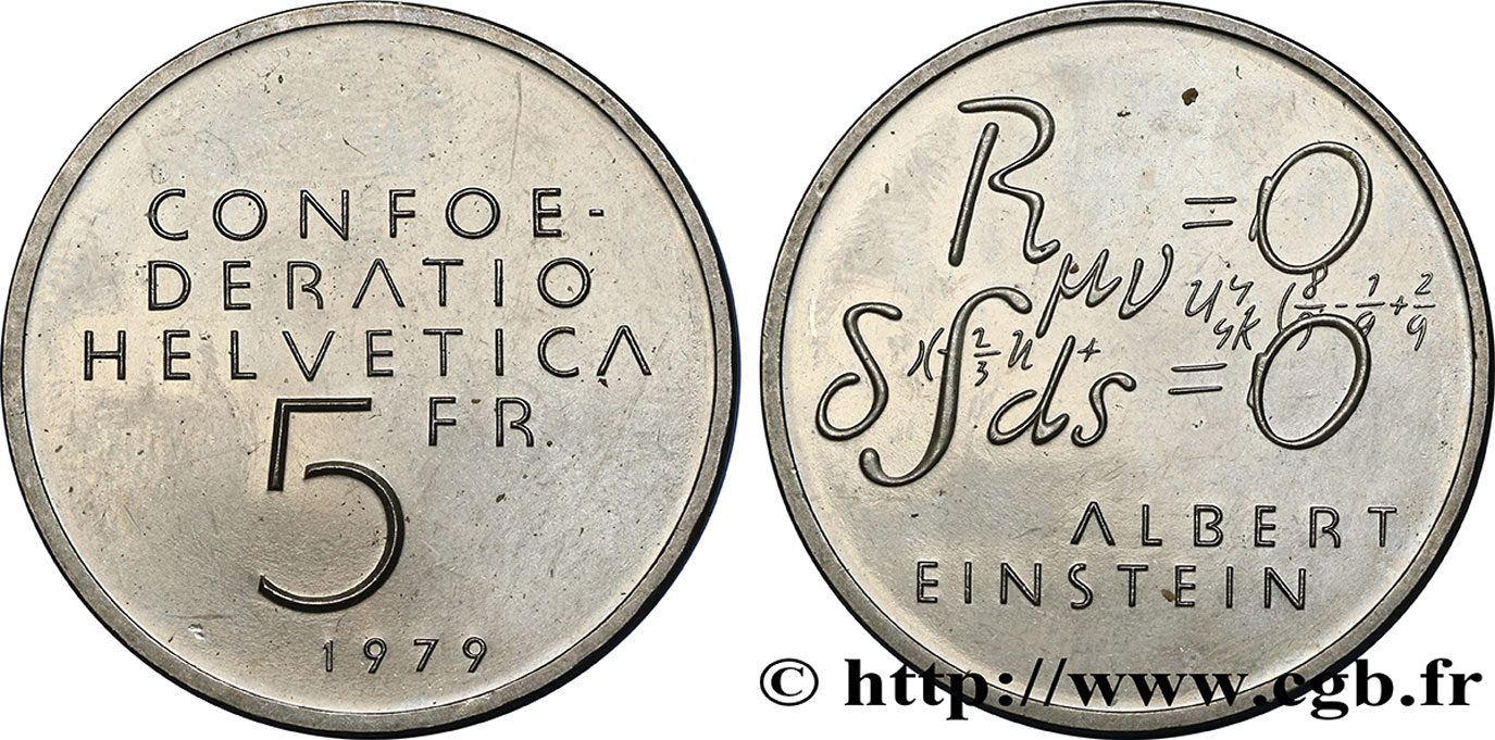 SVIZZERA  5 Francs centenaire de la naissance d’Albert Einstein, équations 1979 Berne  MS 