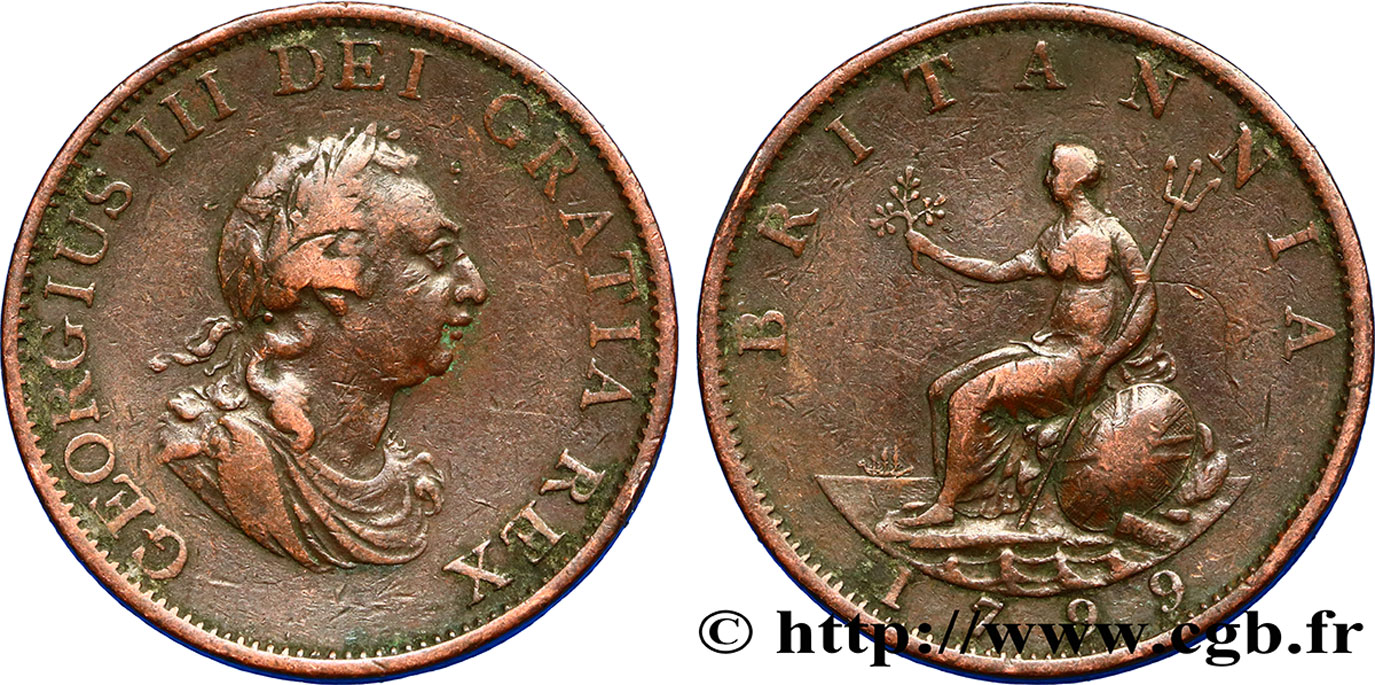REINO UNIDO 1/2 Penny Georges III 1799 Soho BC+ 