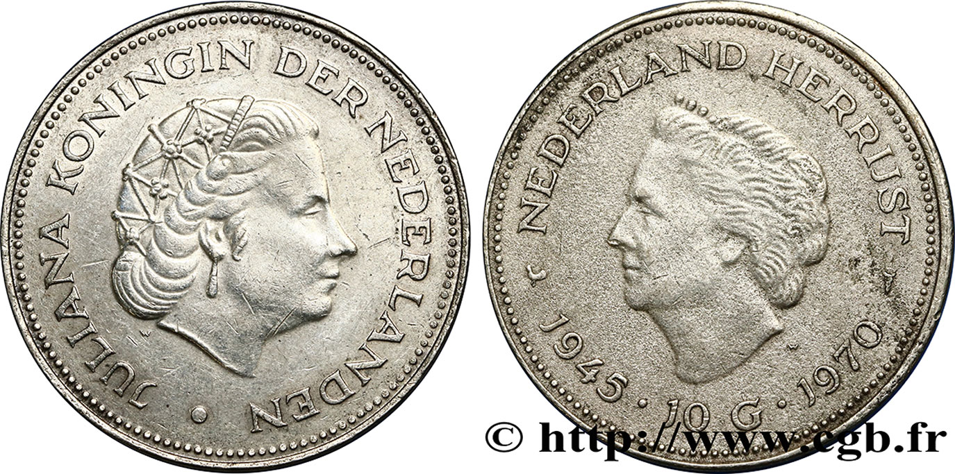NETHERLANDS 10 Gulden 25e anniversaire de la libération 1970 Utrecht XF 