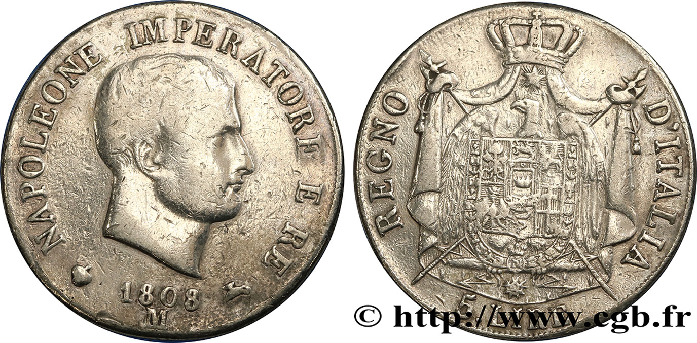 ITALIA - REINO DE ITALIA - NAPOLEóNE I 5 Lire 1808 Milan BC 