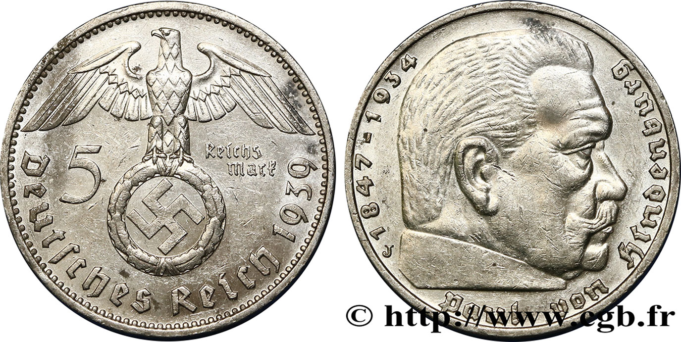 DEUTSCHLAND 5 Reichsmark aigle surmontant une swastika / Maréchal Paul von Hindenburg 1939 Hambourg  fVZ 